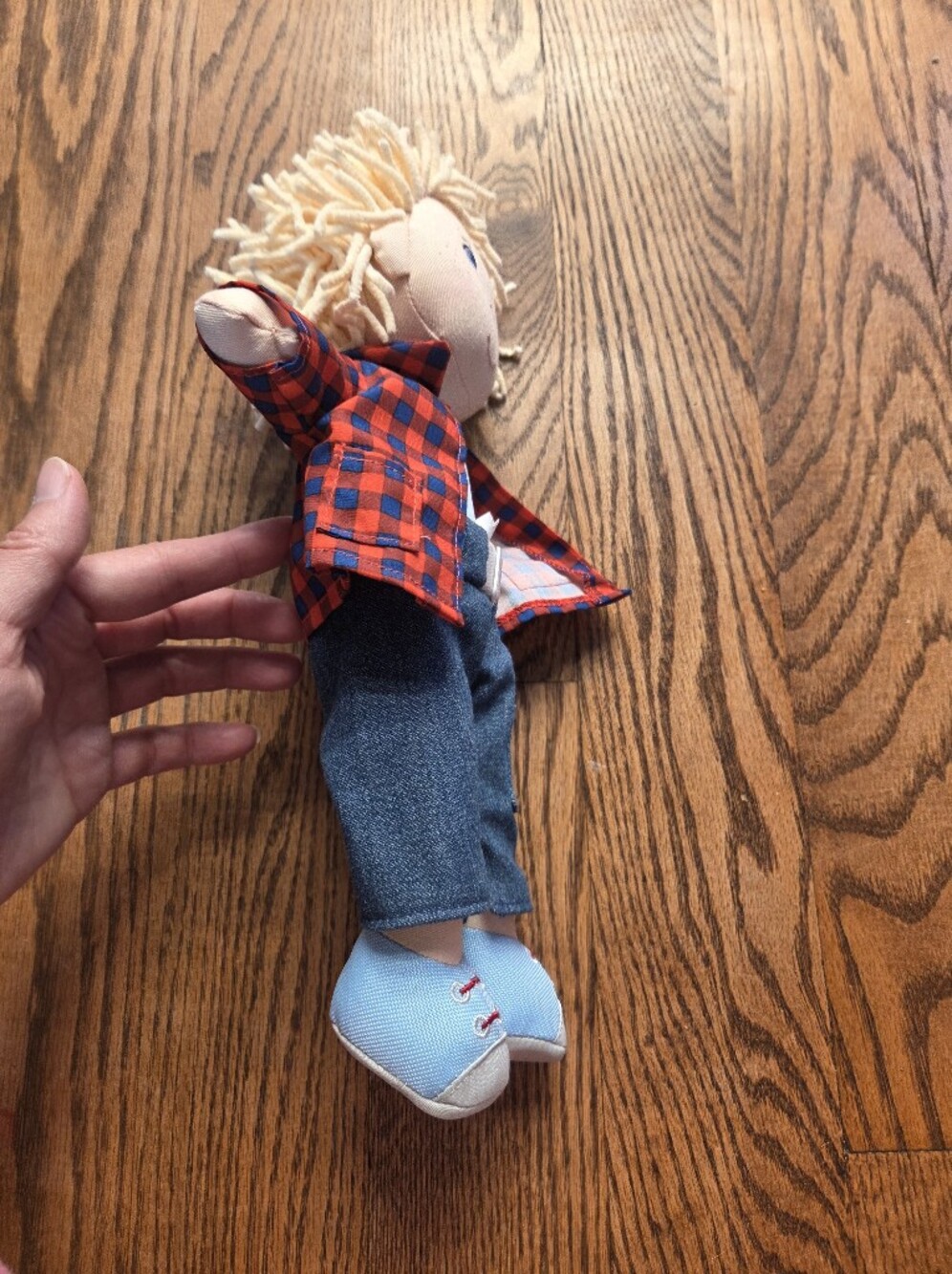Haba - Nick 12" Soft Blonde Rag Doll in Blue Shirt, Jeans & Red Plaid - 18 Mo + - Picture 4 of 7